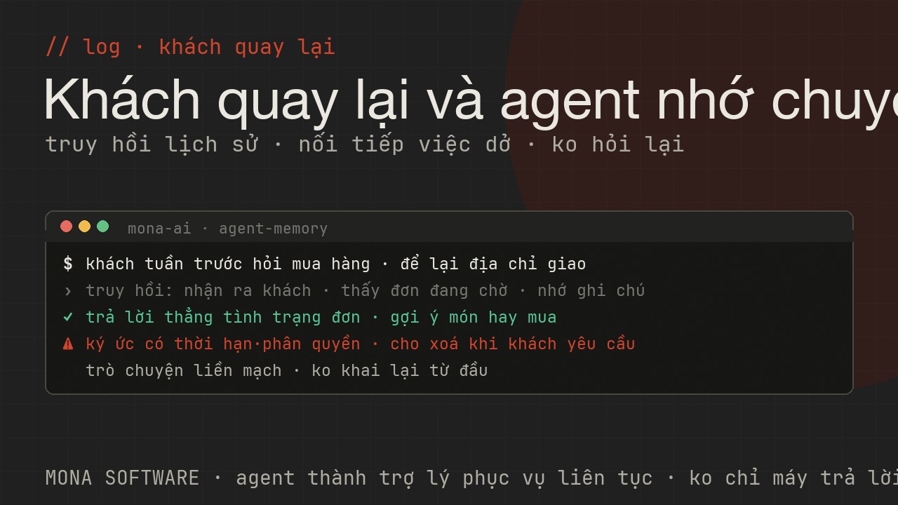 Nhật ký minh hoạ của MONA: một khách quay lại, agent truy hồi lịch sử đơn cũ và sở thích rồi phục vụ tiếp mà không hỏi lại từ đầu