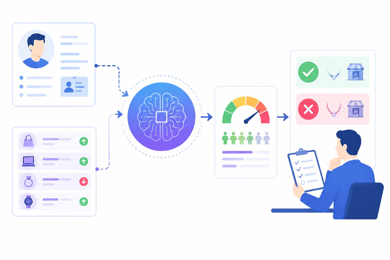 Sơ đồ flat illustration mô tả AI phân tích hồ sơ khách cầm đồ, dữ liệu lịch sử giao dịch, biểu tượng điểm rủi ro và nhân viên thẩm định đưa ra quyết định cuối cùng.