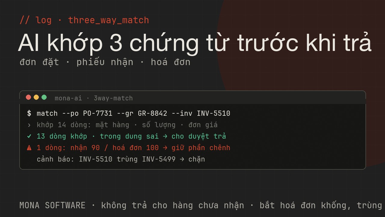 Log AI đối chiếu 3 chiều MONA chạy thật: gom đơn đặt phiếu nhận hoá đơn, khớp từng dòng, bắt lệch số lượng và giá, chặn thanh toán khi lệch