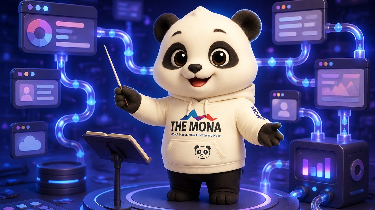 Minh hoạ cách AI đồng bộ dữ liệu MONA hoạt động: kết nối nhiều phần mềm, ánh xạ trường và khớp bản ghi, xử lý xung đột, đồng bộ hai chiều về một nguồn sự thật