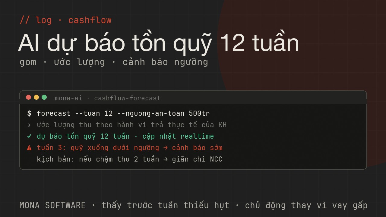 Log AI dự báo dòng tiền MONA chạy thật: gom thu chi, ước lượng công nợ về, dự báo tồn quỹ, cảnh báo tuần thiếu hụt