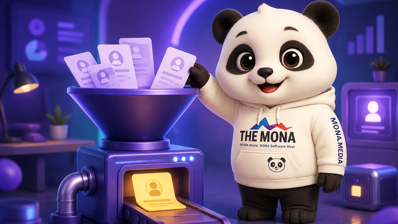 Minh hoạ cách AI gộp dữ liệu khách MONA hoạt động: gom hồ sơ rải rác, chuẩn hoá thông tin, khớp mờ và gộp thành hồ sơ vàng 360 độ