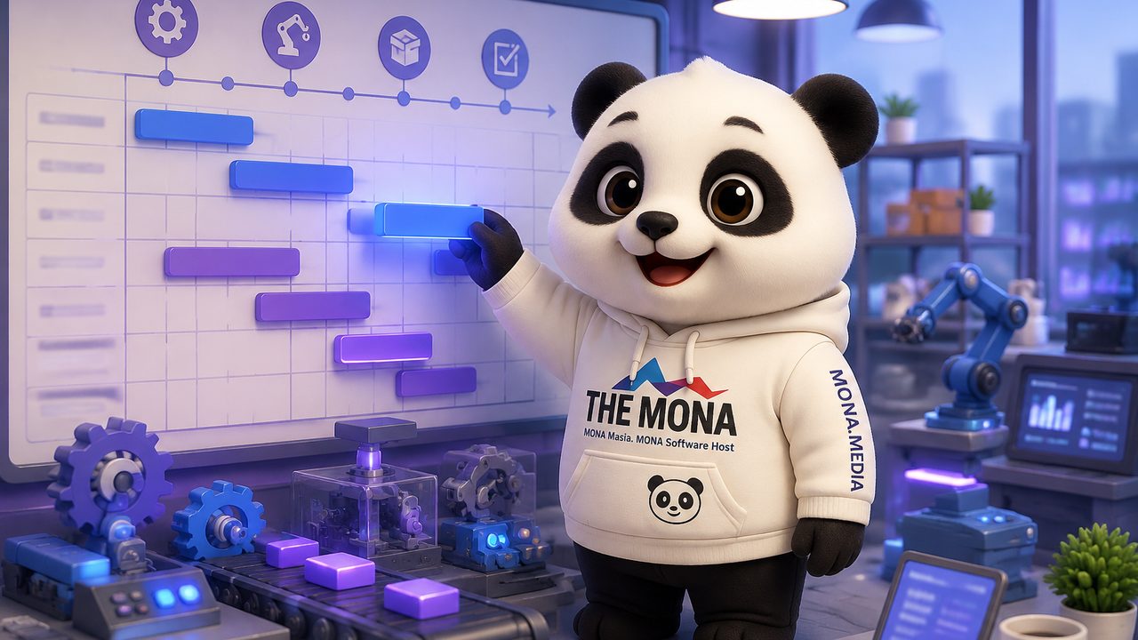 Minh hoạ AI lập lịch sản xuất MONA: nhận đơn và ràng buộc, tối ưu lệnh theo nguyên liệu máy nhân công, ra lịch và cập nhật khi biến động