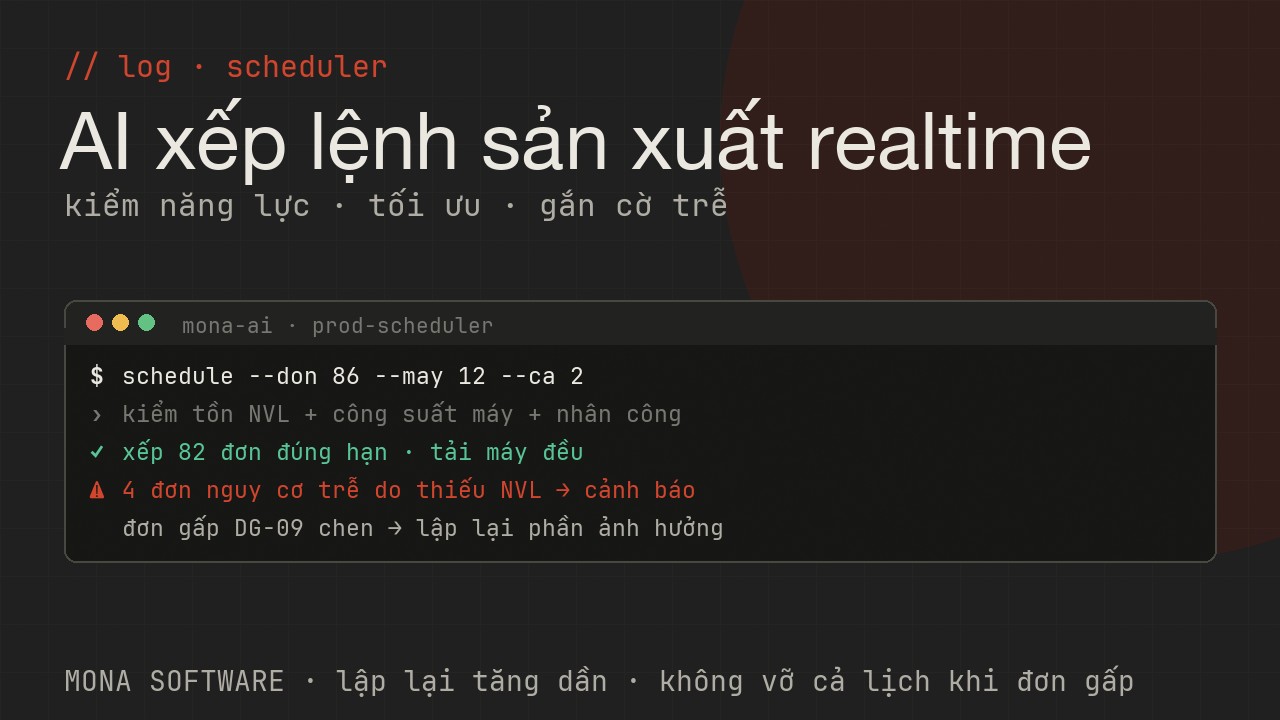 Log AI lập lịch sản xuất MONA chạy thật: nhận đơn, kiểm nguyên liệu và công suất, tối ưu xếp lệnh, gắn cờ đơn nguy cơ trễ