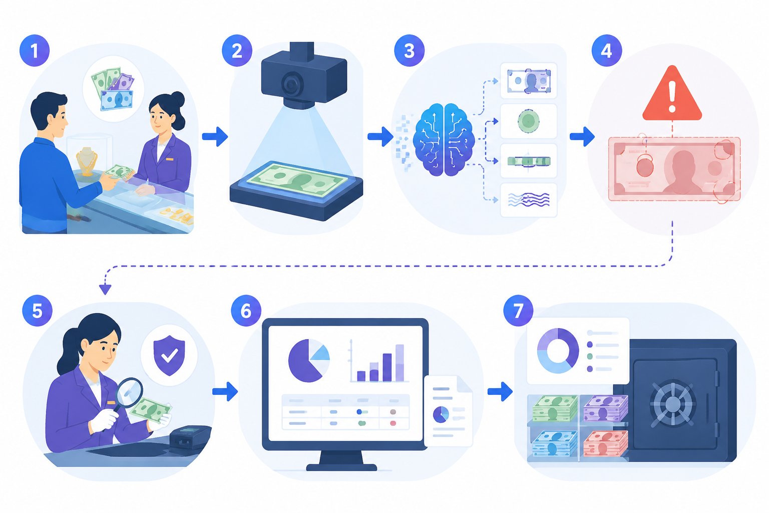 Infographic AI phát hiện tiền giả khi thu đổi ngoại tệ tại quầy tiệm vàng, phong cách flat illustration doanh nghiệp, gồm sơ đồ quy trình từ khách hàng mang ngoại tệ đến camera quét tờ tiền, AI đối chiếu đặc điểm bảo an, biểu tượng cảnh báo nghi vấn, nhân viên kiểm tra lại, báo cáo giao dịch và quản lý tồn quỹ theo loại tệ.