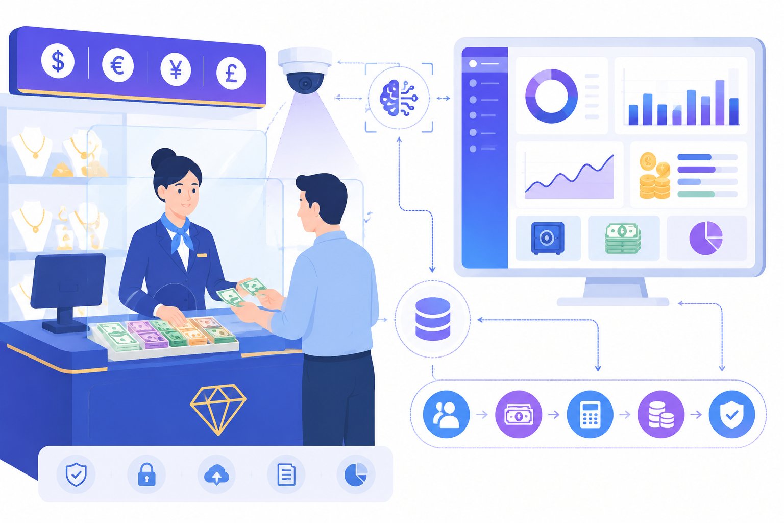Minh họa flat illustration quầy thu đổi ngoại tệ trong tiệm vàng với nhân viên, màn hình quản lý tồn quỹ, camera AI và luồng dữ liệu giao dịch.