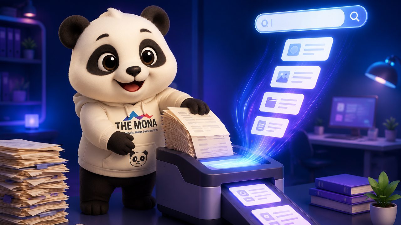 Minh hoạ cách AI số hoá tài liệu MONA hoạt động: nhận hồ sơ giấy, quét và OCR, phân loại và lập chỉ mục, cho tìm theo nội dung và hỏi đáp