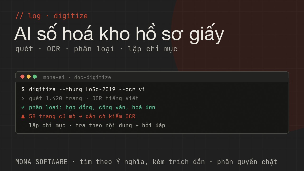 Log AI số hoá tài liệu MONA chạy thật: quét hồ sơ, OCR, phân loại và trích thông tin, lập chỉ mục để tra cứu