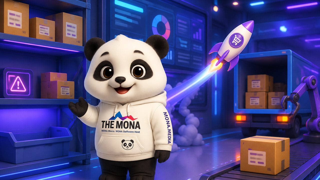 Minh hoạ cách AI auto-PO MONA hoạt động: theo dõi tồn kho, tính điểm đặt hàng theo nhu cầu và lead time, chọn nhà cung cấp, tạo đơn mua đề xuất cho người duyệt