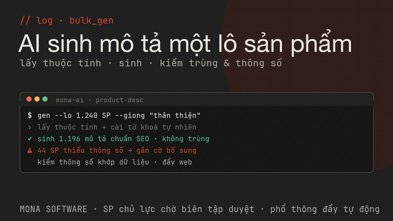 Log AI viết mô tả sản phẩm MONA chạy thật: lấy thuộc tính, sinh mô tả chuẩn SEO, kiểm trùng và thông số, gắn cờ sản phẩm cần biên tập