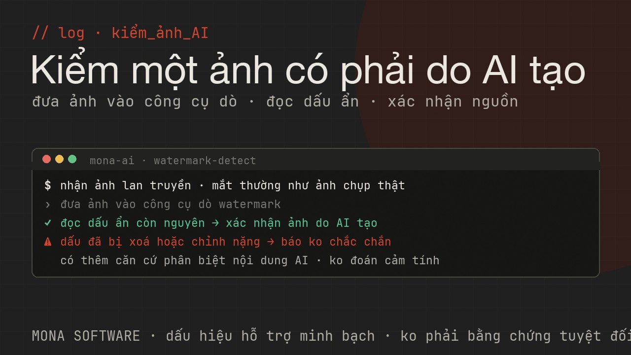 Nhật ký minh hoạ của MONA: một ảnh được đưa vào công cụ dò watermark, đọc ra dấu ẩn và xác nhận ảnh do AI tạo