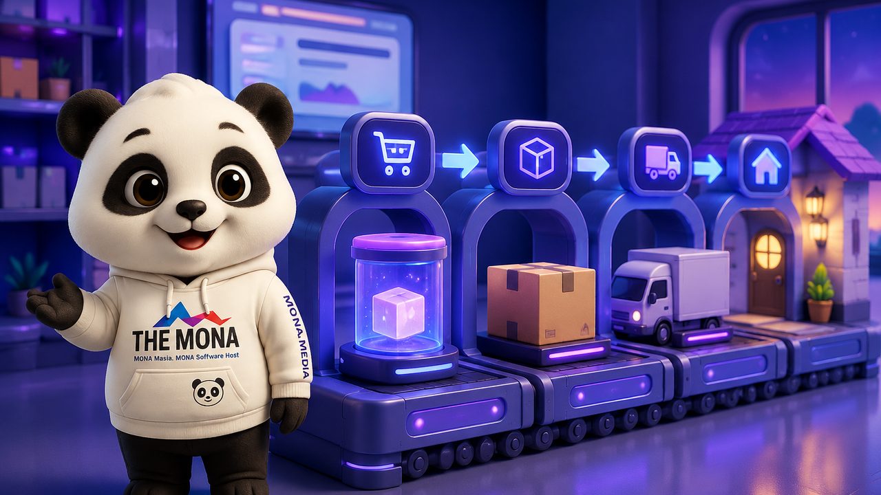 Minh hoạ cách AI xử lý đơn hàng MONA hoạt động: gom đơn đa kênh, kiểm tồn và hợp lệ, định tuyến kho và vận chuyển, xuất giao và cập nhật trạng thái