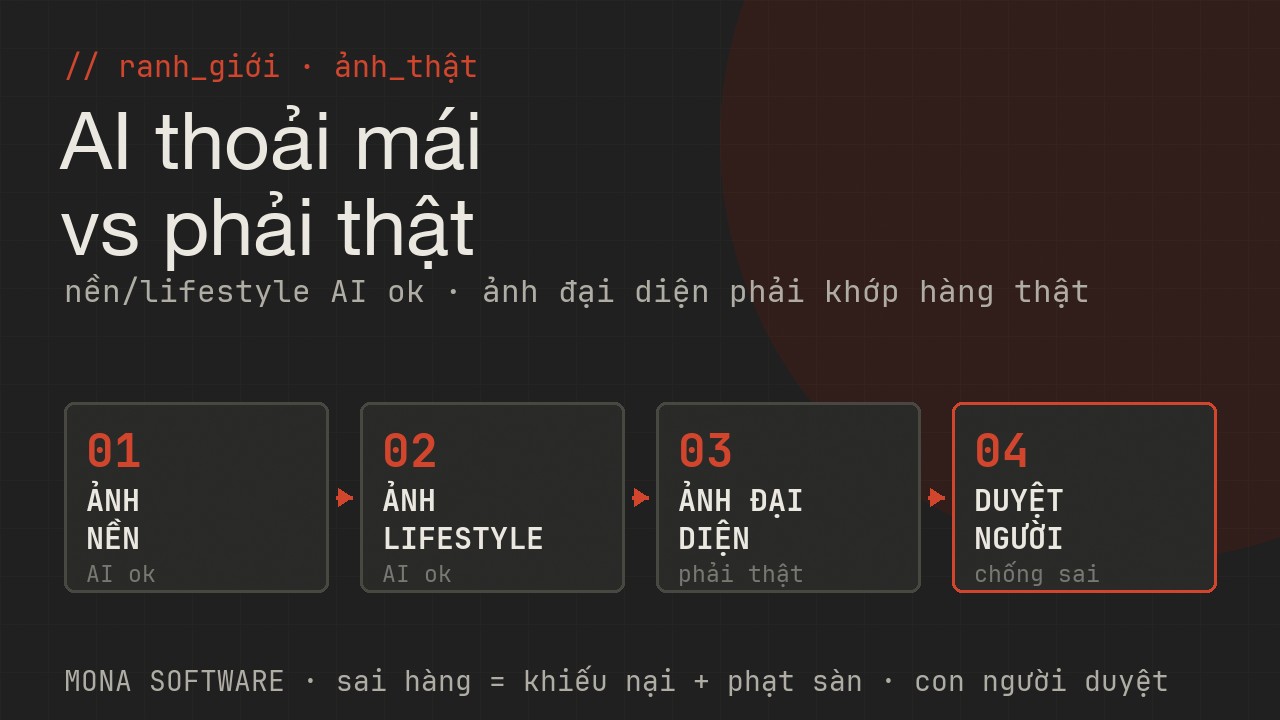 Sơ đồ ranh giới ảnh AI sàn TMĐT MONA: ảnh nền và ảnh lifestyle dùng AI thoải mái, ảnh đại diện sản phẩm phải chính xác với hàng thật
