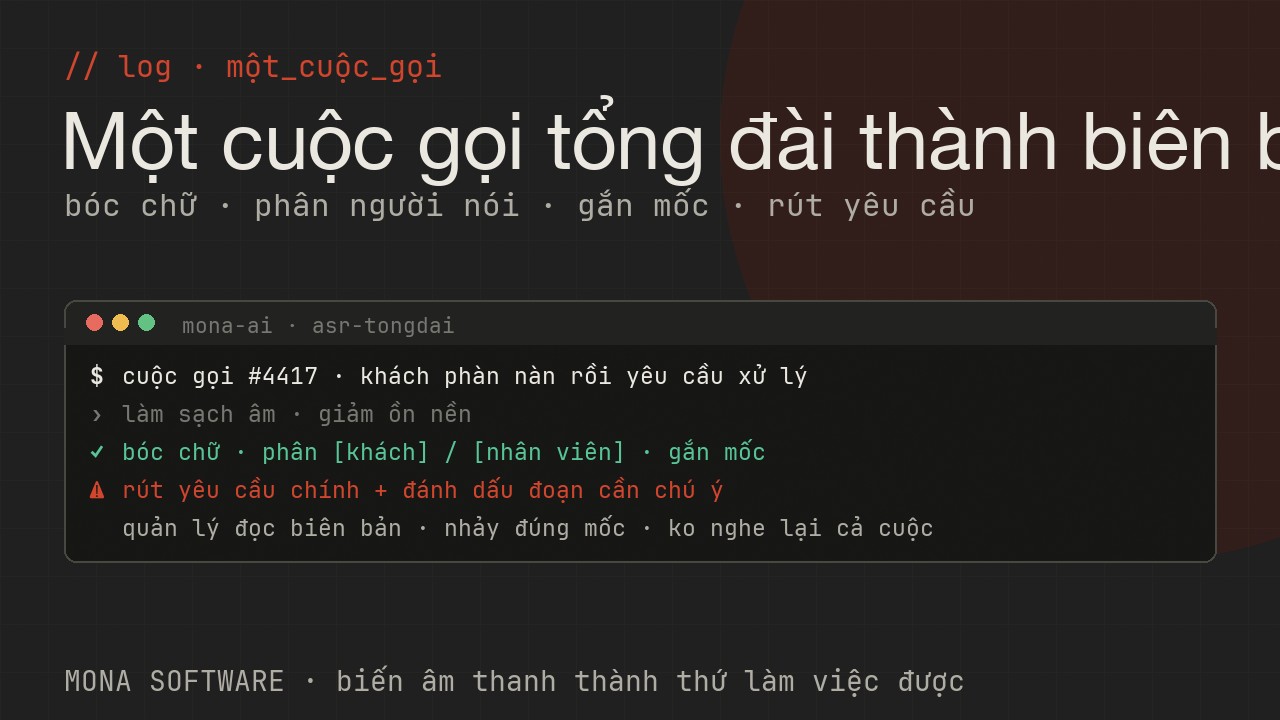 Nhật ký minh hoạ của MONA: một cuộc gọi tổng đài được nhận dạng thành chữ, phân người nói, gắn mốc thời gian và rút yêu cầu của khách