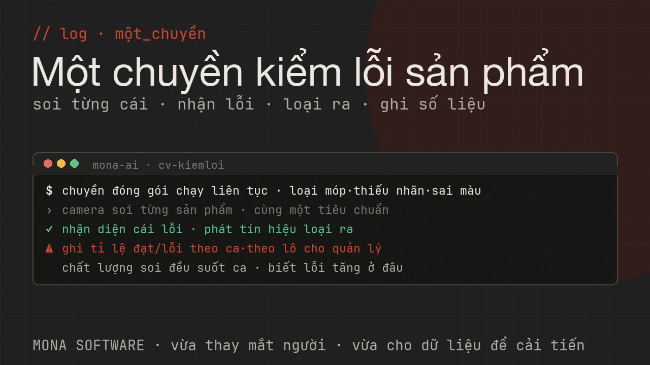 Nhật ký minh hoạ của MONA: một chuyền sản xuất được camera soi, nhận diện sản phẩm lỗi và loại ra, ghi nhận số liệu theo ca
