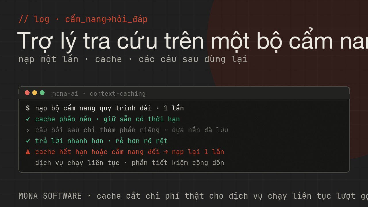 Nhật ký minh hoạ của MONA: bộ cẩm nang dài được nạp một lần và cache, các câu hỏi sau dùng lại phần cache nên trả lời nhanh và rẻ hơn