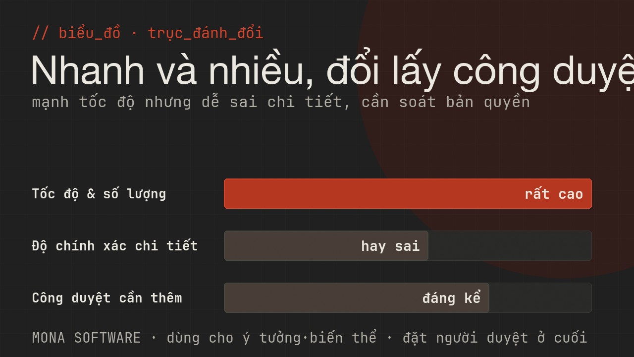 Biểu đồ trục đánh đổi của diffusion do MONA minh hoạ: tạo nhanh và nhiều, nhưng cần công duyệt và rủi ro sai chi tiết, bản quyền