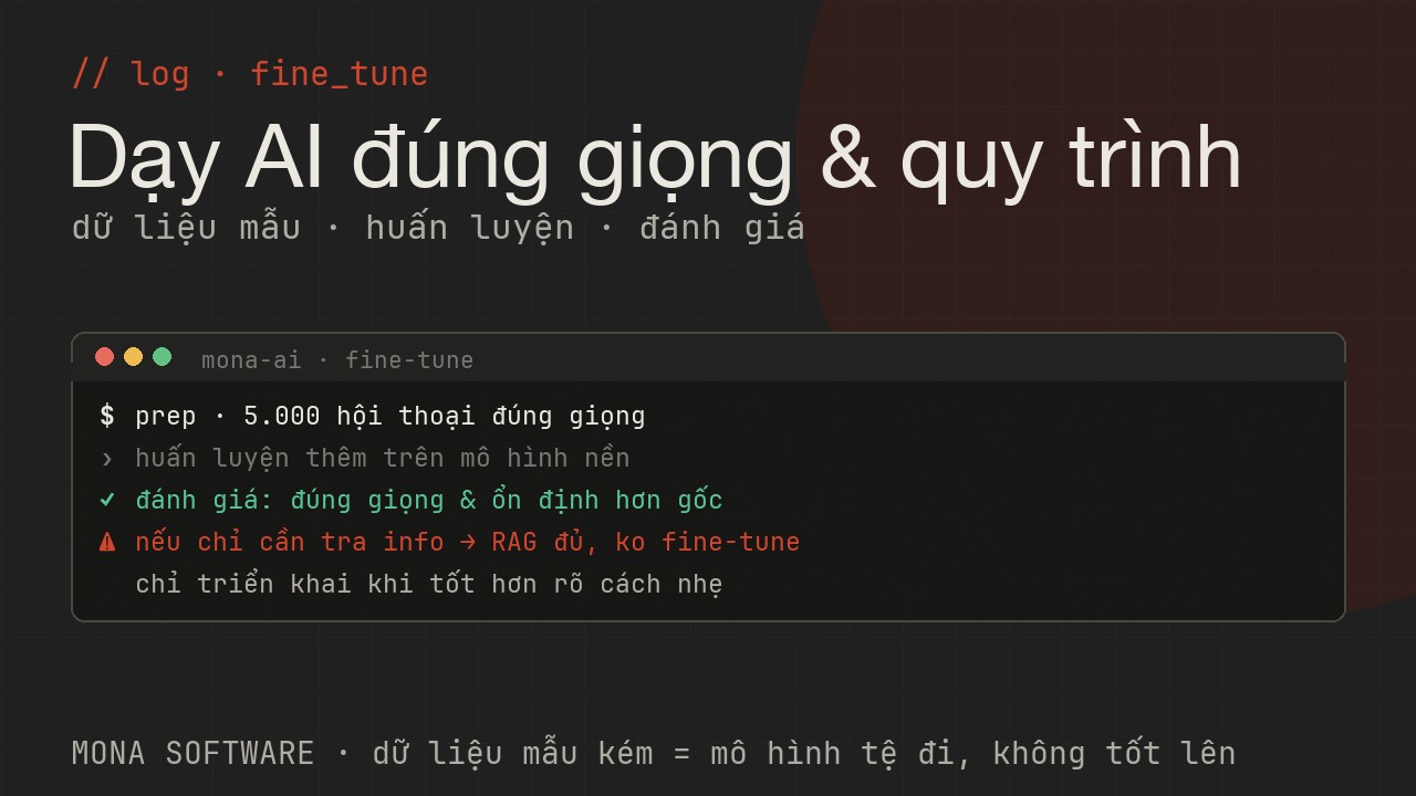 Log fine-tuning của MONA chạy thật: chuẩn bị dữ liệu mẫu, huấn luyện thêm trên mô hình nền, đánh giá so với mô hình gốc trước khi triển khai