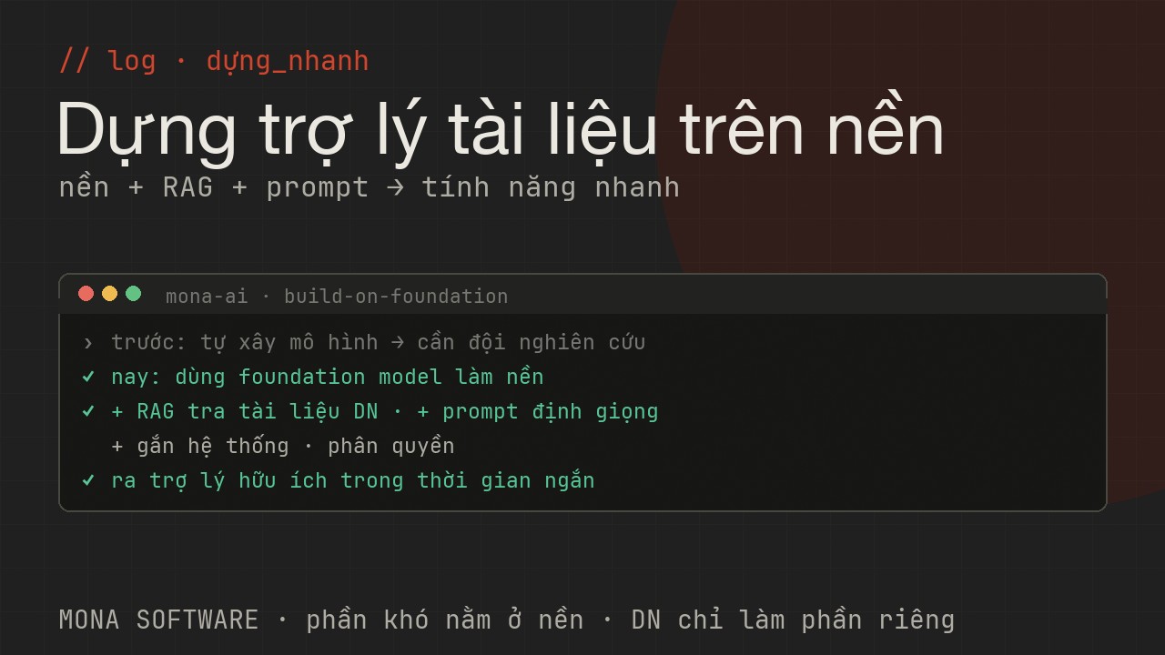 Log dựng tính năng AI của MONA minh hoạ: dùng foundation model làm nền, thêm RAG và prompt cho việc cụ thể, ra tính năng nhanh mà không xây mô hình