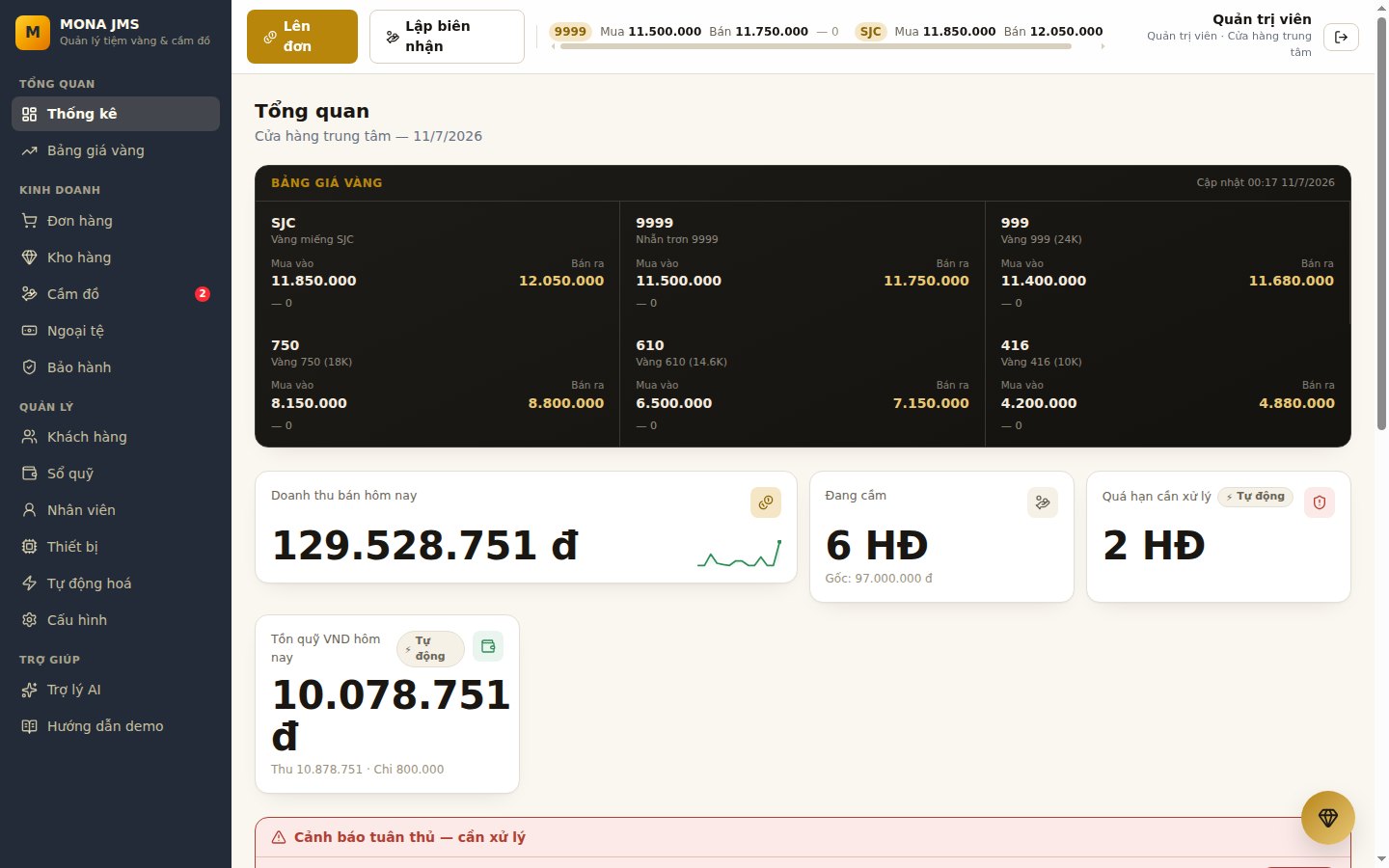 Ảnh chụp màn hình dashboard demo thật MONA JMS hiển thị tổng quan doanh thu, giao dịch vàng, cầm đồ và ngoại tệ theo thời gian thực cho chủ tiệm vàng.