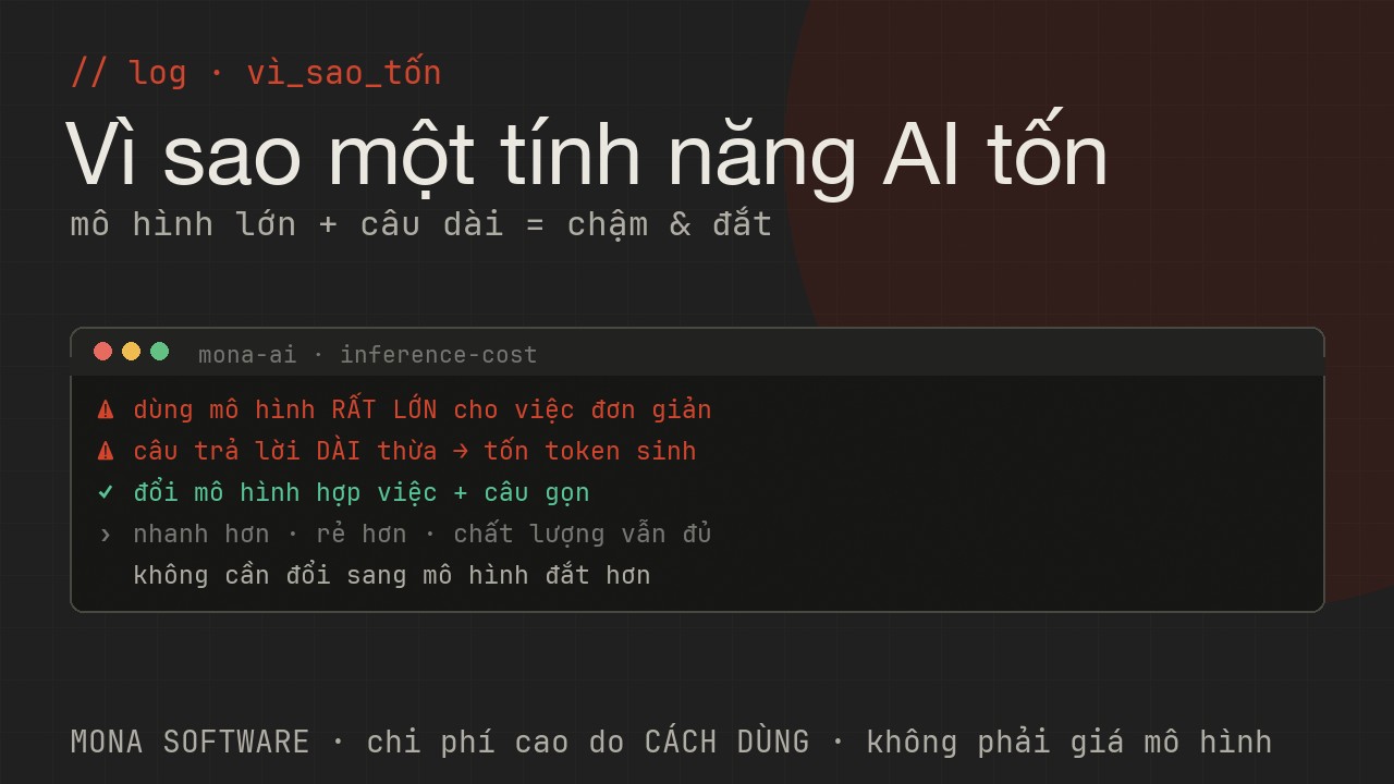 Log inference của MONA minh hoạ: một tính năng gọi mô hình lớn với câu trả lời dài tốn nhiều, đổi sang mô hình hợp và câu gọn thì rẻ và nhanh hơn