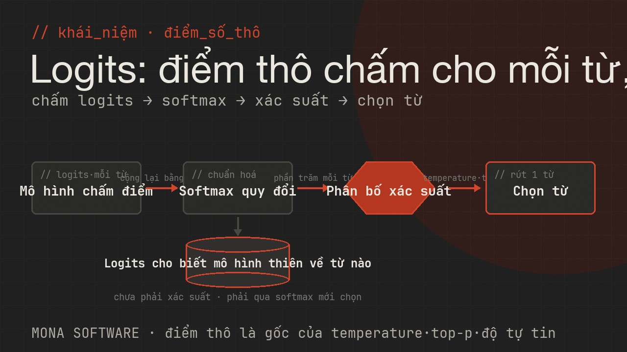 Sơ đồ logits do MONA minh hoạ: mô hình chấm điểm thô cho mỗi từ ứng viên, qua softmax thành xác suất rồi mới đến bước chọn từ