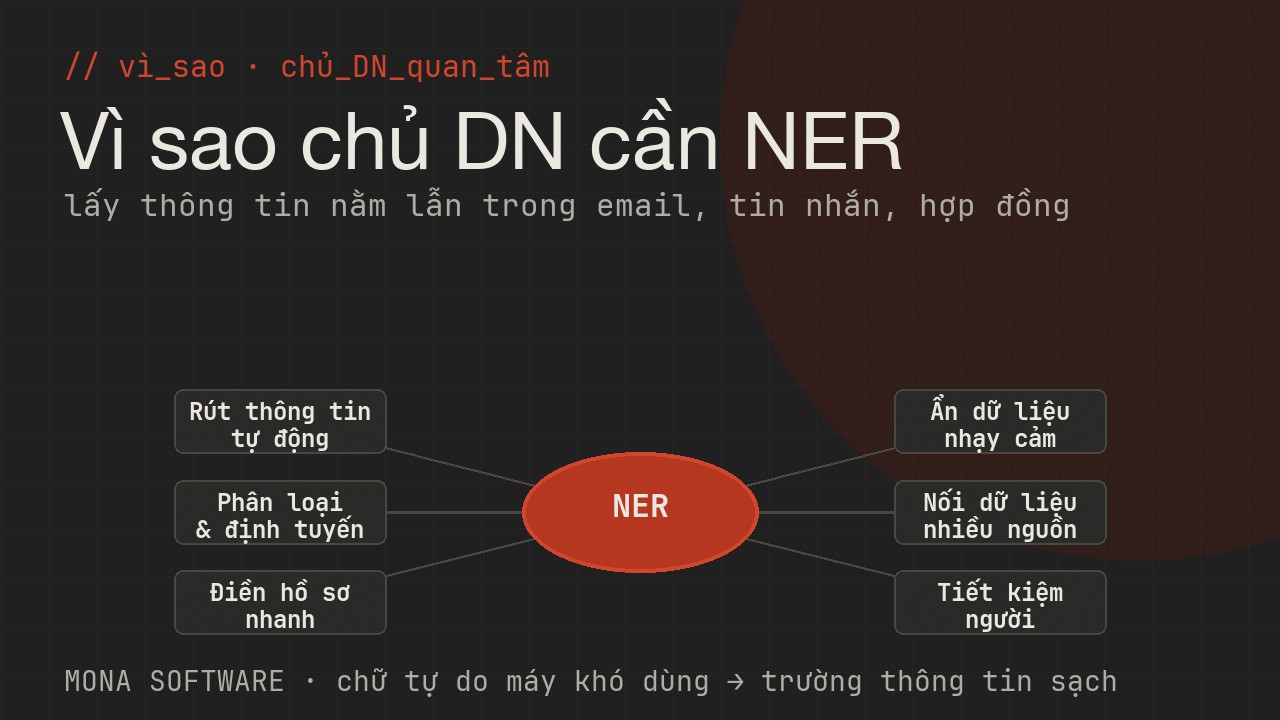 Sơ đồ lợi ích NER với doanh nghiệp của MONA: rút thông tin tự động, phân loại email, điền hồ sơ, ẩn dữ liệu nhạy cảm, nối dữ liệu, tiết kiệm người