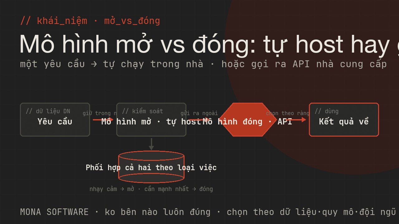 Sơ đồ mô hình mở và đóng do MONA minh hoạ: một nhánh tải mô hình về tự chạy trên hạ tầng riêng, một nhánh gọi mô hình qua API của nhà cung cấp