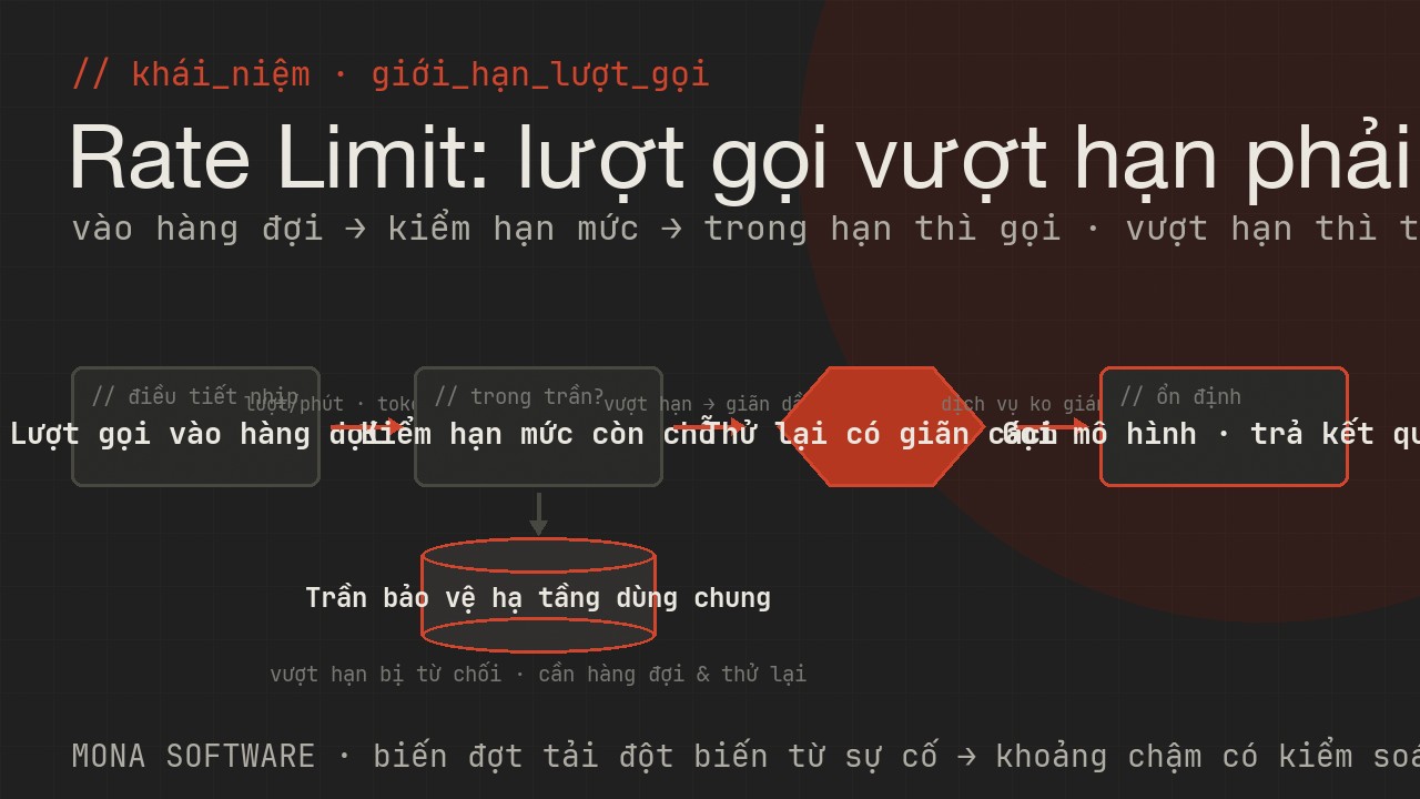Sơ đồ rate limit do MONA minh hoạ: nhà cung cấp giới hạn số lượt gọi mô hình AI trong một khoảng thời gian, lượt vượt hạn bị từ chối và phải xếp hàng đợi