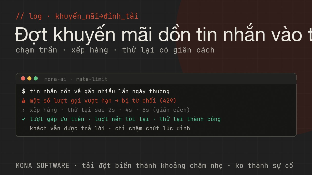 Nhật ký minh hoạ của MONA: đợt khuyến mãi dồn tin nhắn, một số lượt gọi mô hình bị từ chối vì vượt hạn rồi được xếp hàng và thử lại thành công