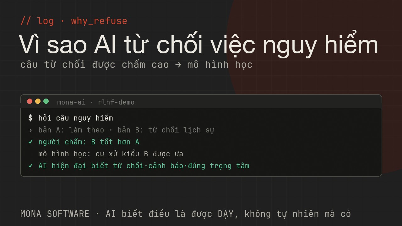 Log RLHF của MONA minh hoạ: với câu hỏi nguy hiểm, câu trả lời từ chối lịch sự được con người chấm cao hơn, mô hình học theo cách đó