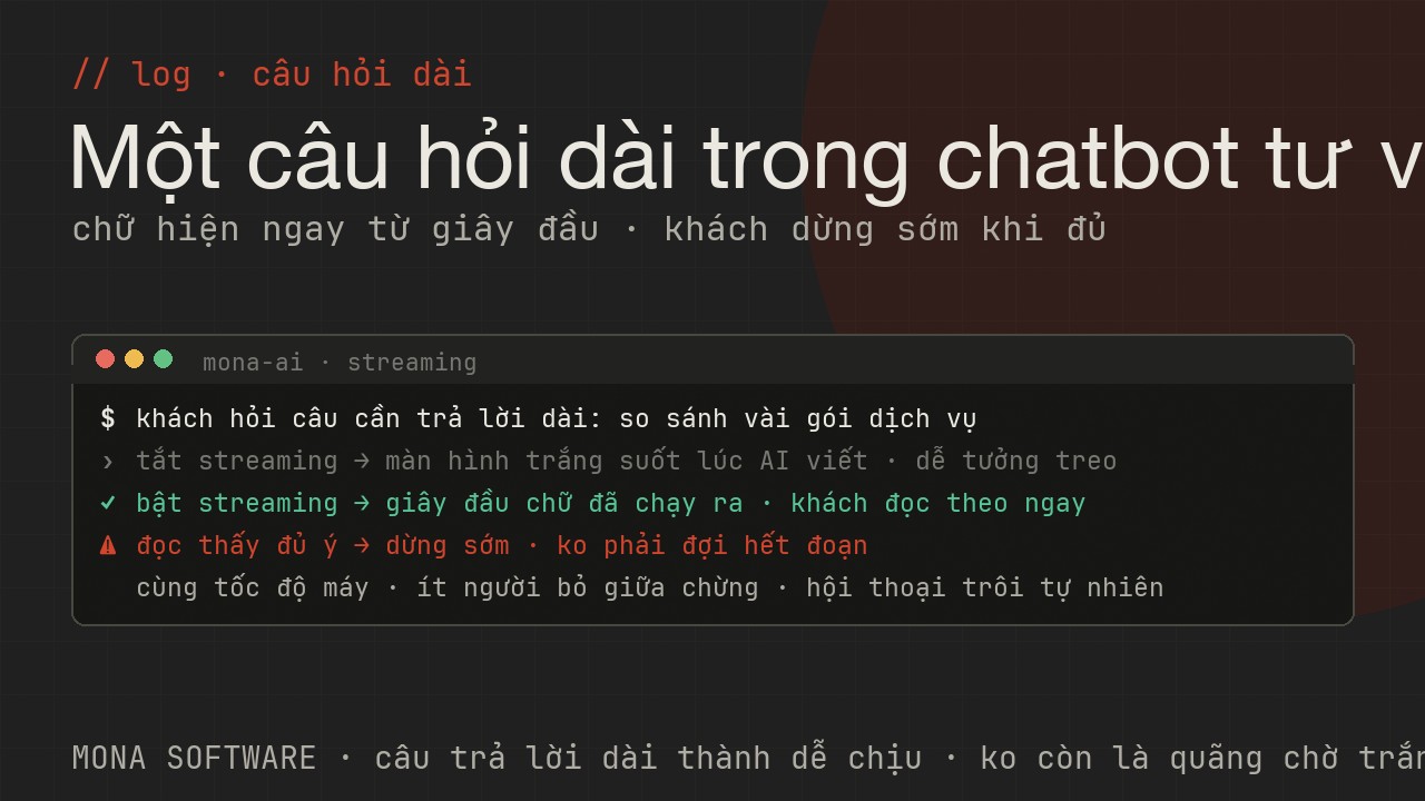Nhật ký minh hoạ của MONA: một câu hỏi tư vấn dài được AI trả lời theo dòng, chữ hiện dần ngay từ giây đầu thay vì chờ trắng màn hình