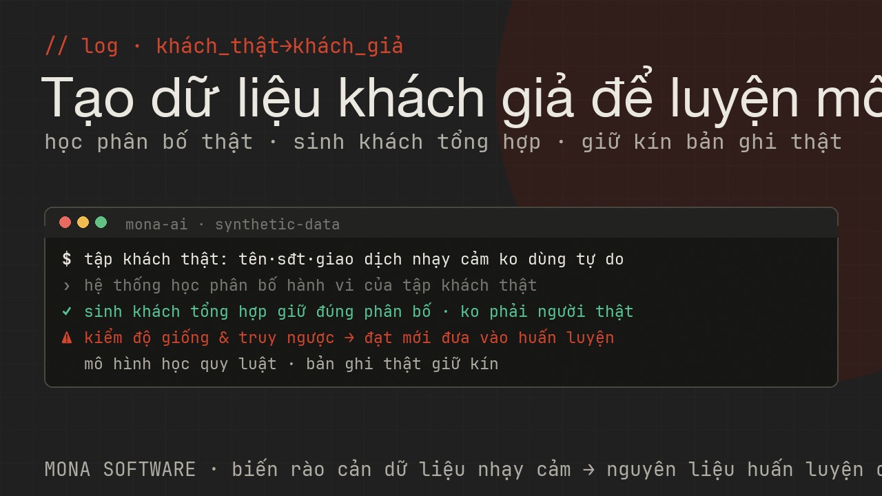 Nhật ký minh hoạ của MONA: từ một tập dữ liệu khách thật được khử nhạy cảm, hệ thống sinh ra dữ liệu khách tổng hợp giữ đúng phân bố rồi đưa vào huấn luyện