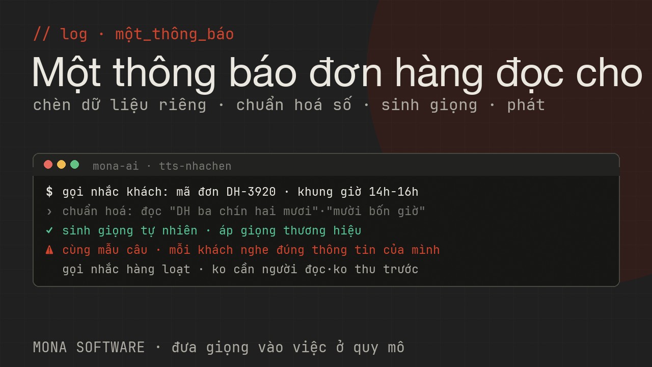 Nhật ký minh hoạ của MONA: một thông báo trạng thái đơn hàng được chuẩn hoá cách đọc rồi sinh giọng tự nhiên và phát cho khách qua cuộc gọi
