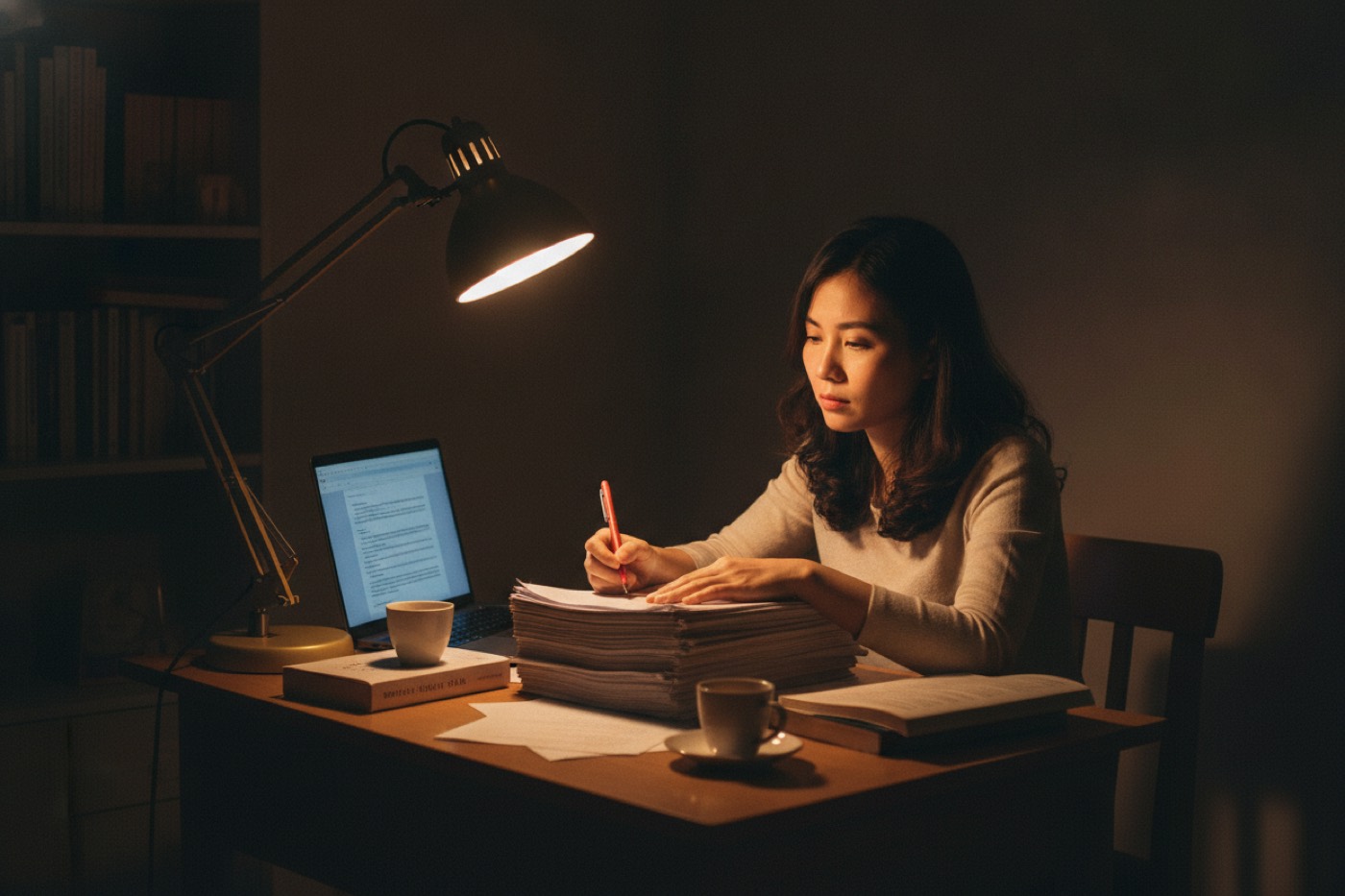 Giáo viên chấm chồng bài kiểm tra tới khuya, việc lặp mà phần mềm LMS AI gánh thay