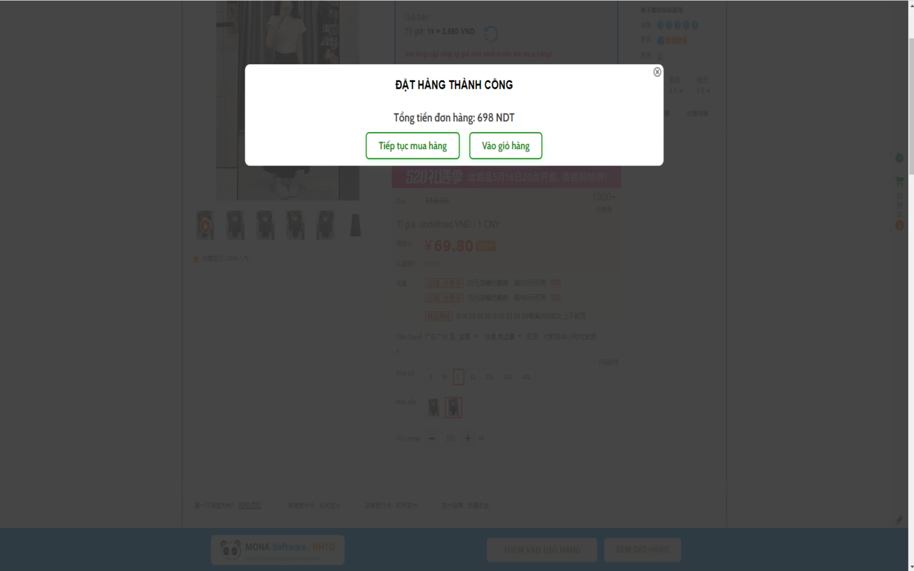Thông báo đặt hàng thành công từ extension MONA NHTQ trên trang Taobao