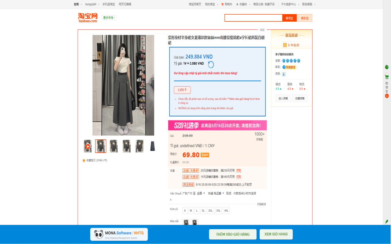 Extension MONA NHTQ hiện giá quy đổi VND và nút thêm vào giỏ ngay trên trang Taobao